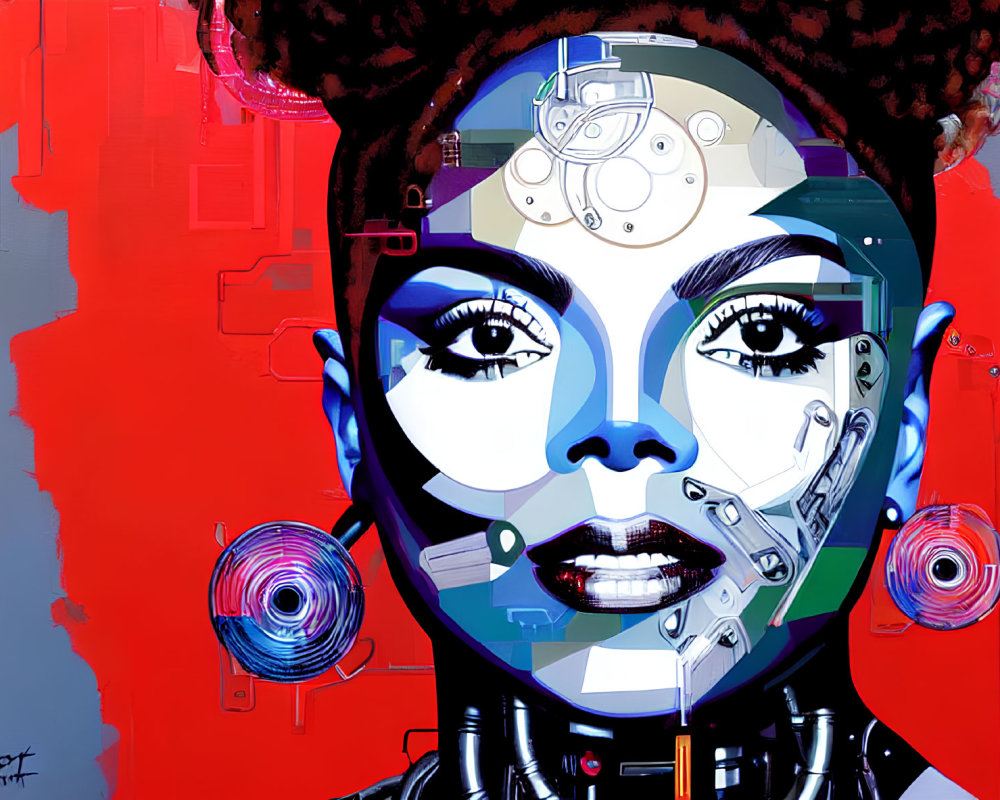 Colorful portrayal of a woman with cyborg features on red and grey backdrop