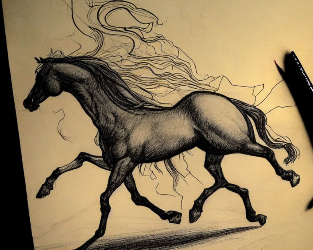 Detailed pencil sketch of galloping horse on textured paper with flowing mane