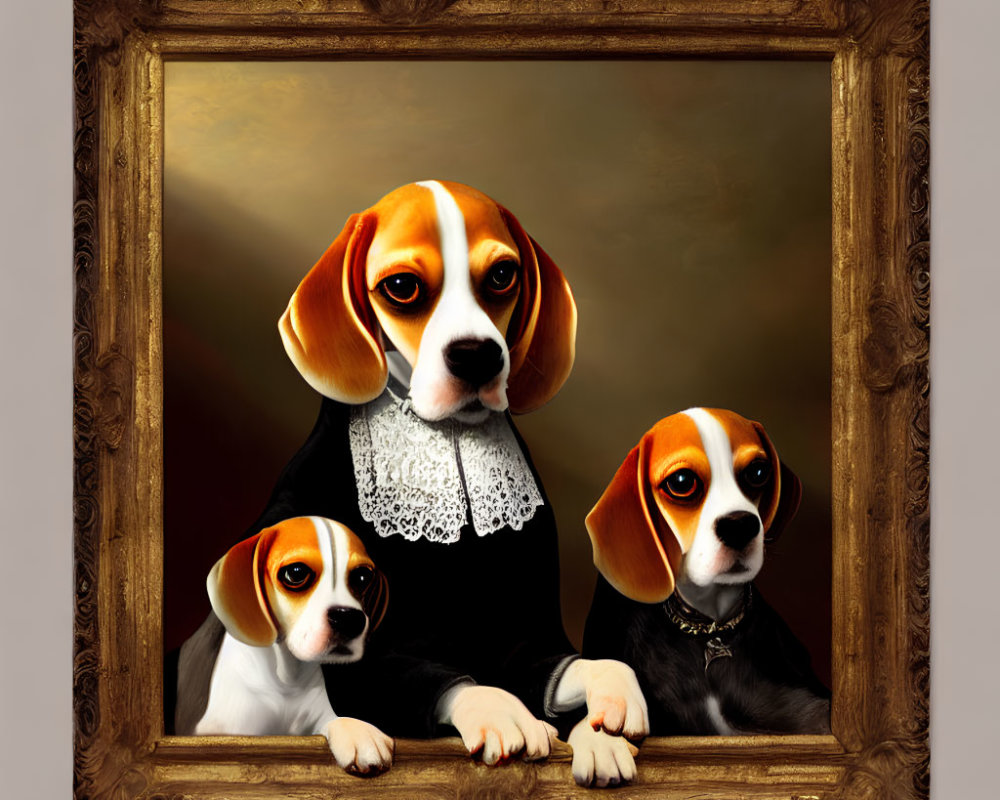 Three Beagles in Human-Like Attire in Ornate Golden Frame