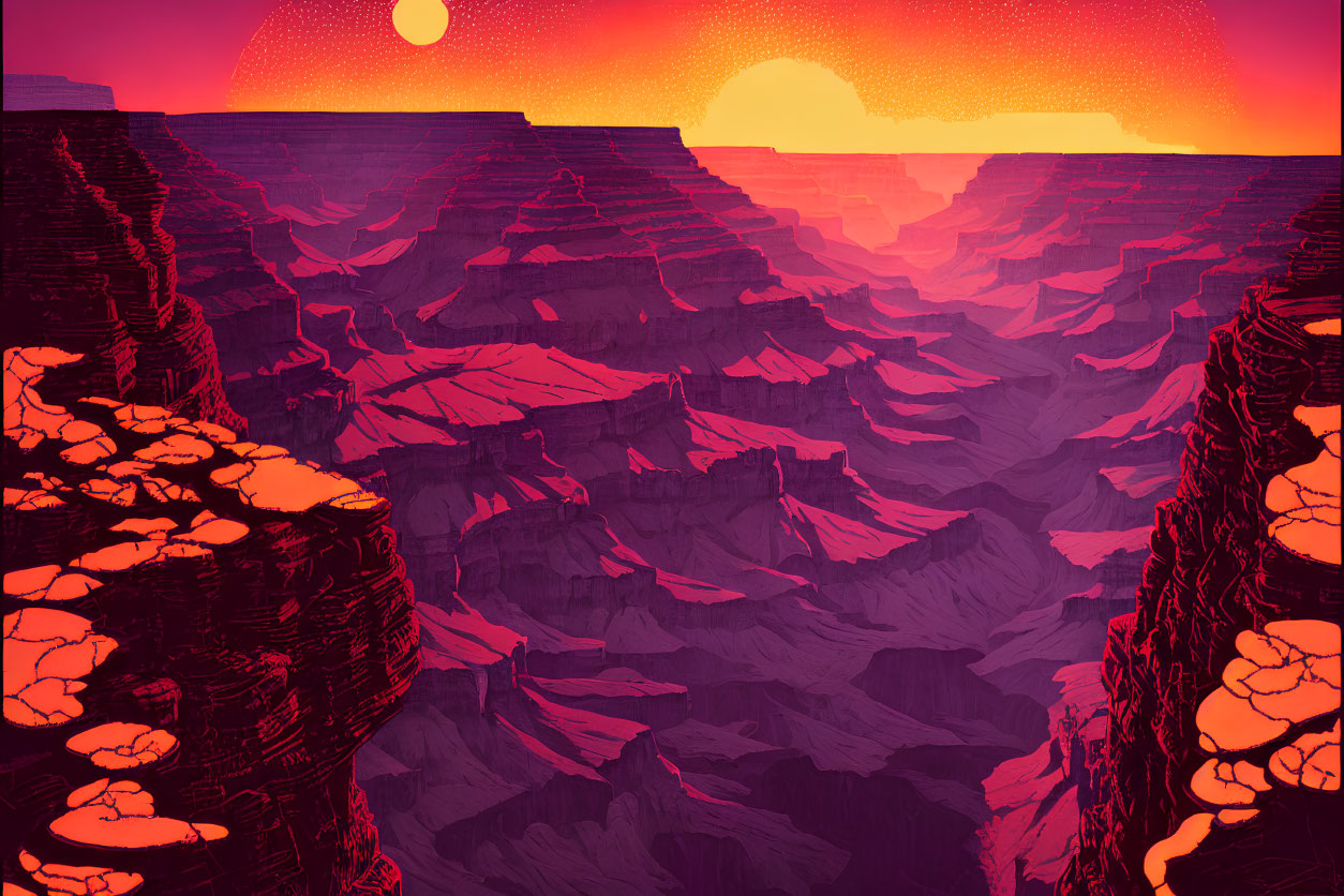 Red and purple canyon landscape with large sun - Illustration of a stunning natural scene