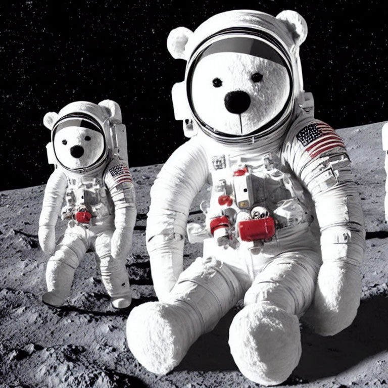 Whimsical astronaut teddy bears on lunar surface