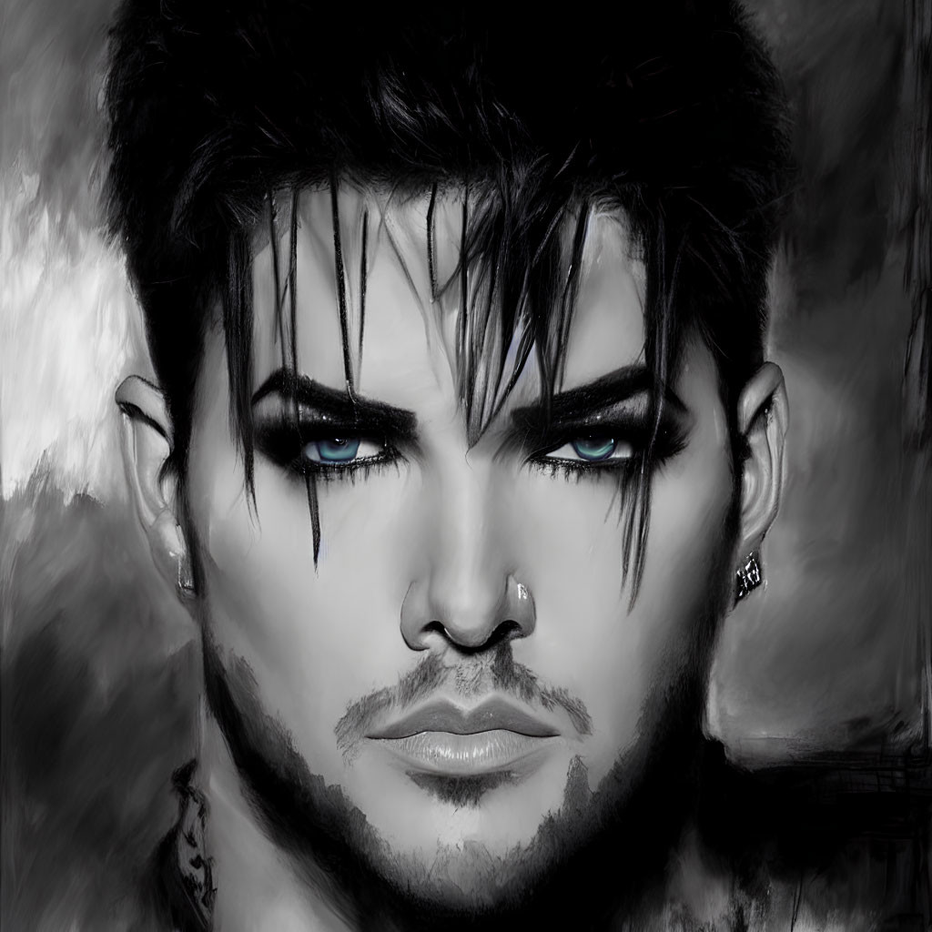 Monochrome digital portrait of a person with blue eyes, dark hair, goatee, and earring