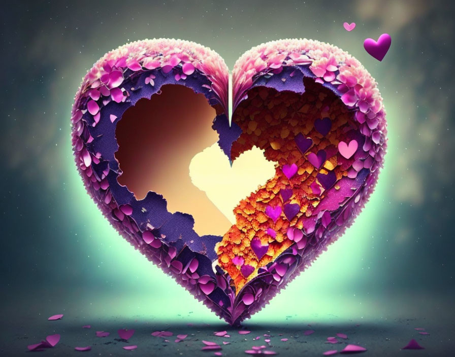 Heart-shaped hole with golden center surrounded by pink and purple petals on blue bokeh background with floating hearts