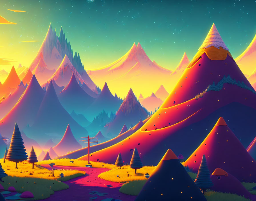 Colorful landscape with glowing mountains, starry sky, and lone figure on path