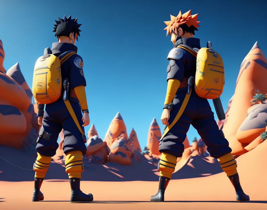 Animated ninja characters with spiky hair in orange and blue outfits in desert setting