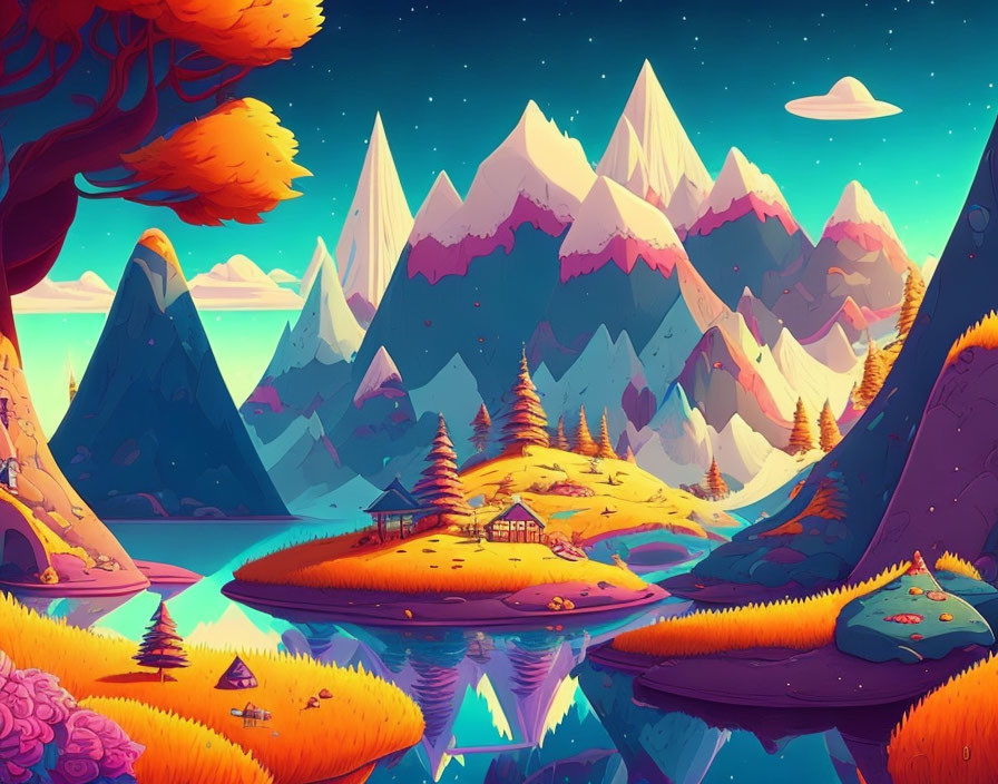 Colorful snowy peaks, serene lake, and cabin in vibrant digital landscape