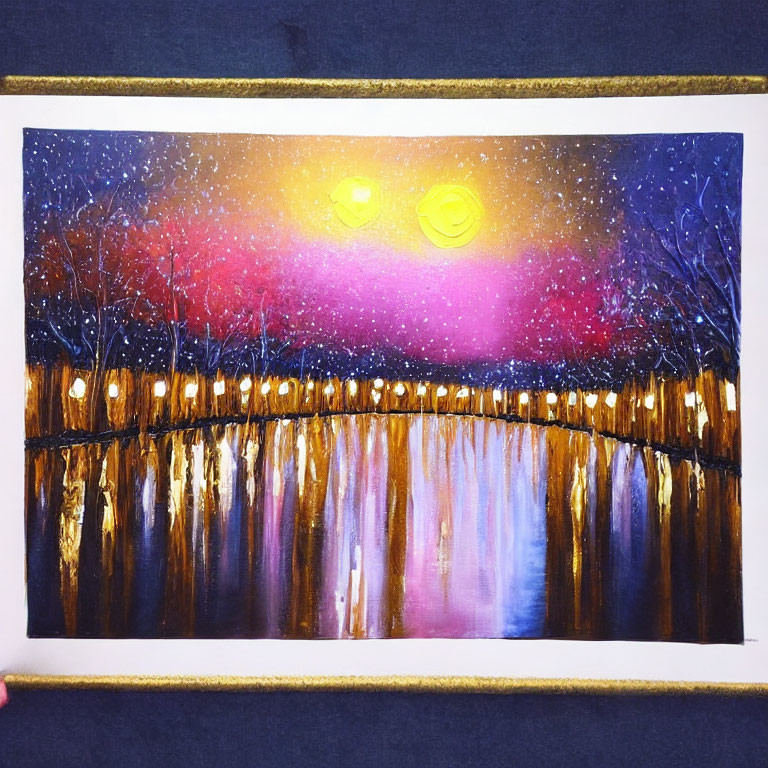 Twilight scene painting with yellow orbs over calm waters