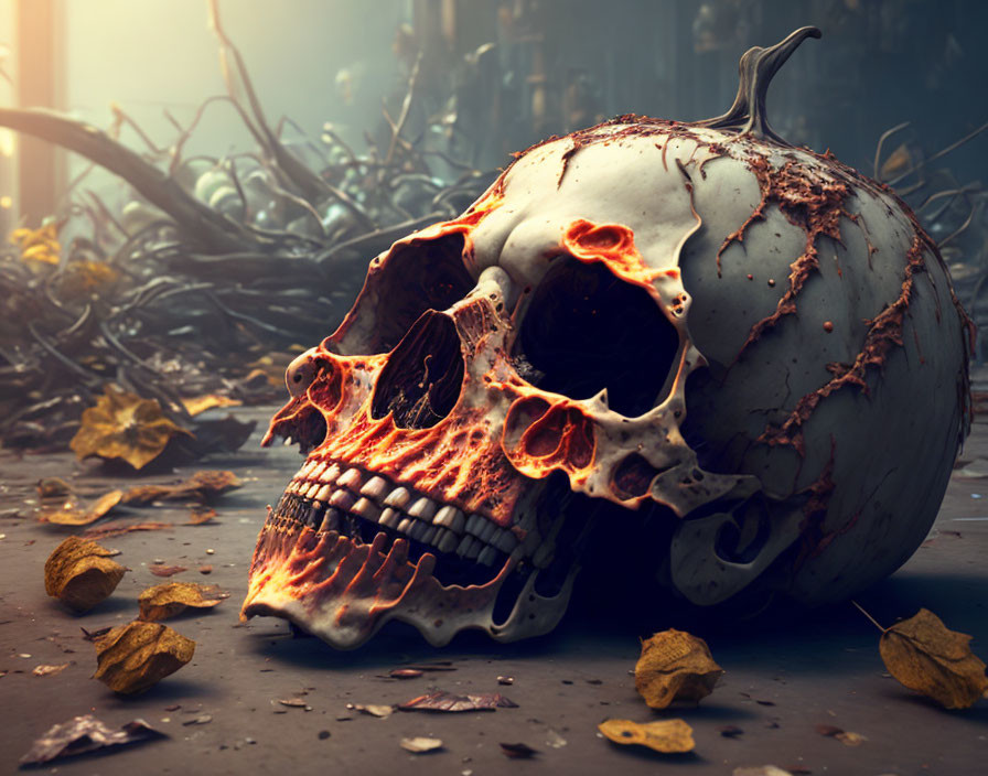 Pumpkin and human skull fusion in post-apocalyptic scene