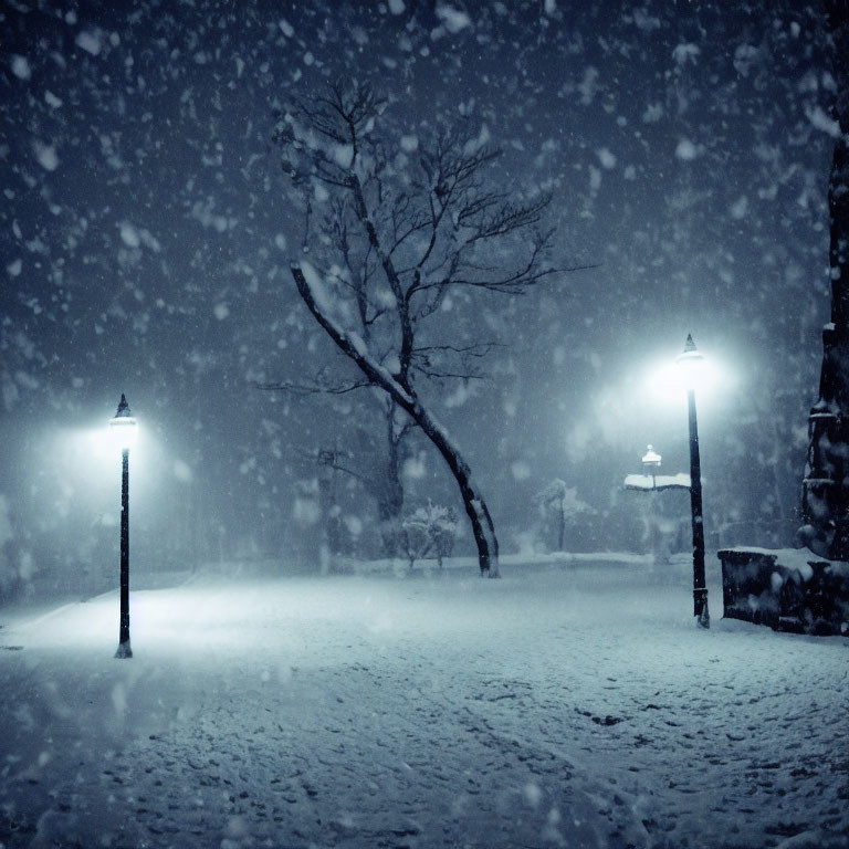 Snowy Night Scene: Two Street Lamps, Bare Tree, Heavy Snowfall