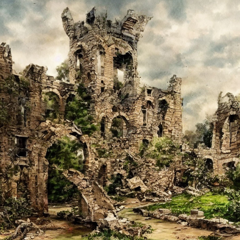 Crumbling Stone Castle Ruins Covered in Vegetation under Cloudy Sky