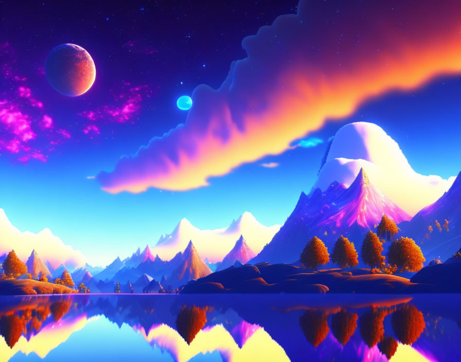 Starry sky landscape with mountains, lake, moon, and planet