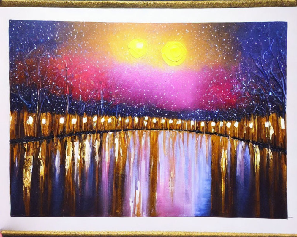 Twilight scene painting with yellow orbs over calm waters