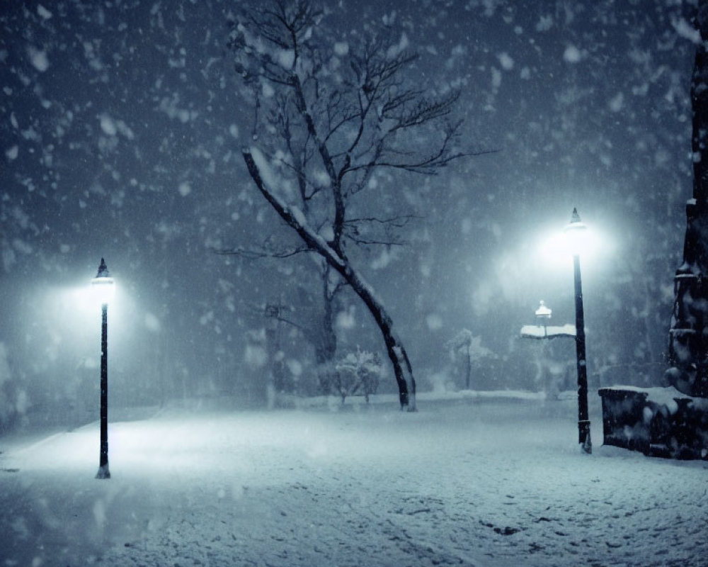 Snowy Night Scene: Two Street Lamps, Bare Tree, Heavy Snowfall