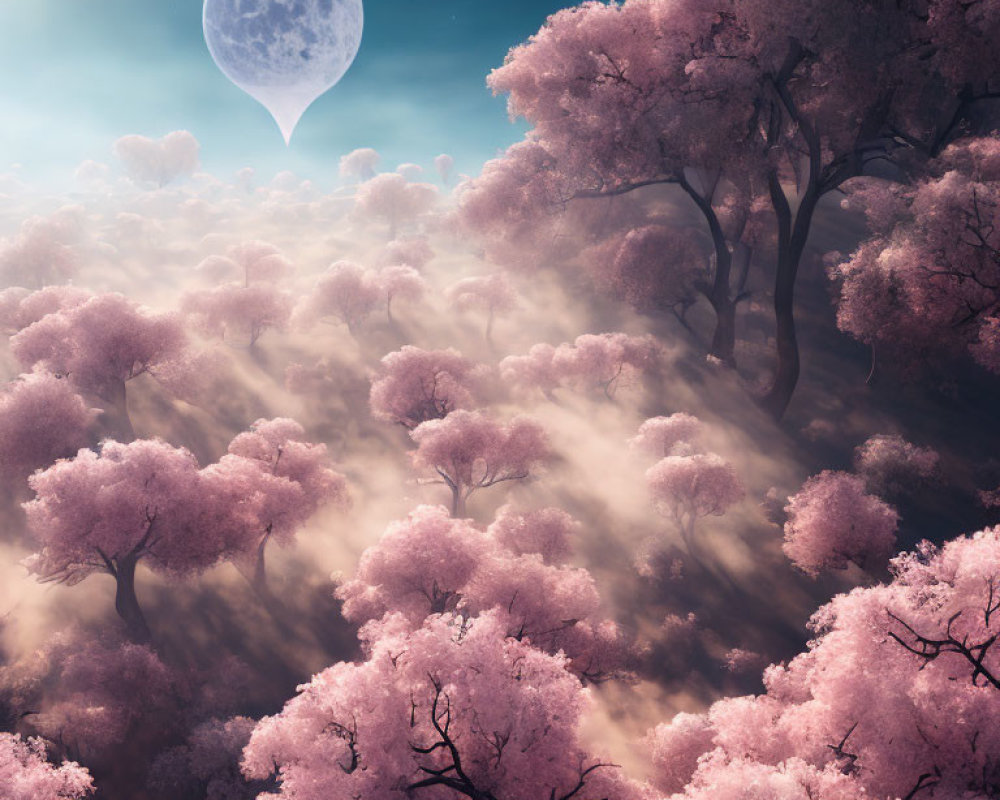 Pink Blossoming Trees in Misty Moonlit Landscape