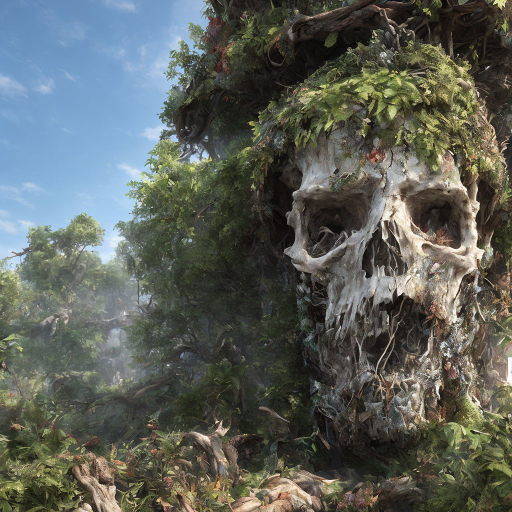 Skull-shaped rock formation in lush forest with moss and plants