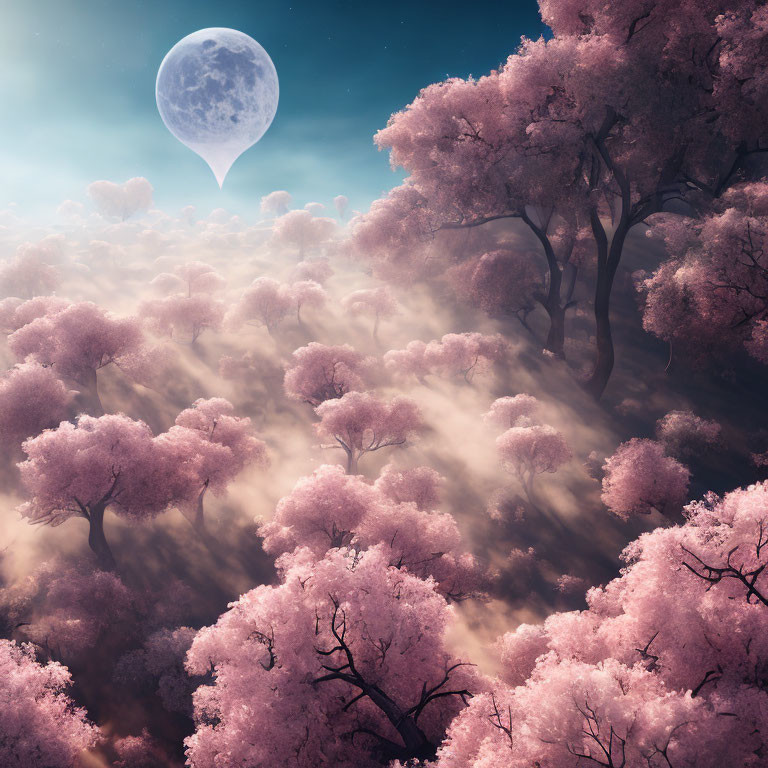 Pink Blossoming Trees in Misty Moonlit Landscape