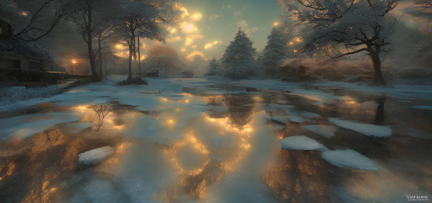 Winter sunset illuminates snow-covered house and trees