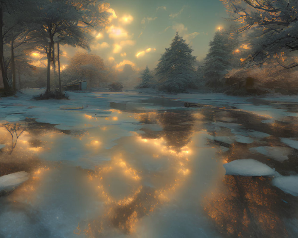 Winter sunset illuminates snow-covered house and trees