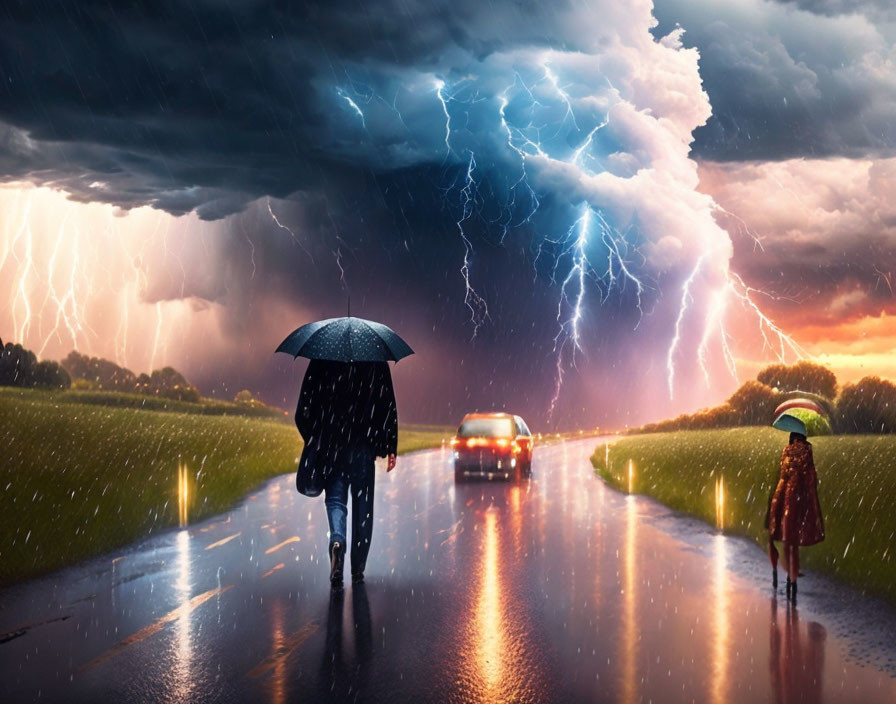 People with umbrellas walking in thunderstorm with lightning