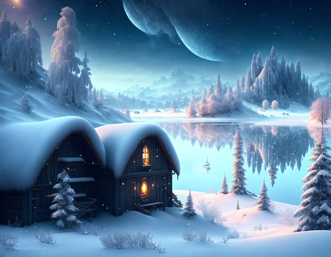 Snowy Winter Night: Cozy Cabins, Moonlit Lake