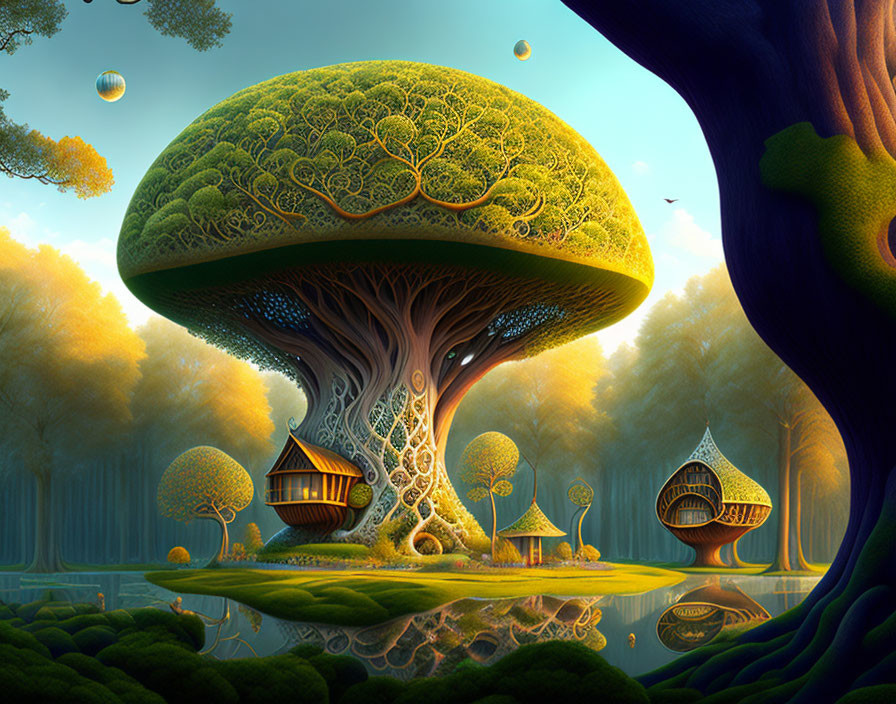 Enchanting forest scene with oversized mushrooms, tree houses, floating orbs, and tranquil pond