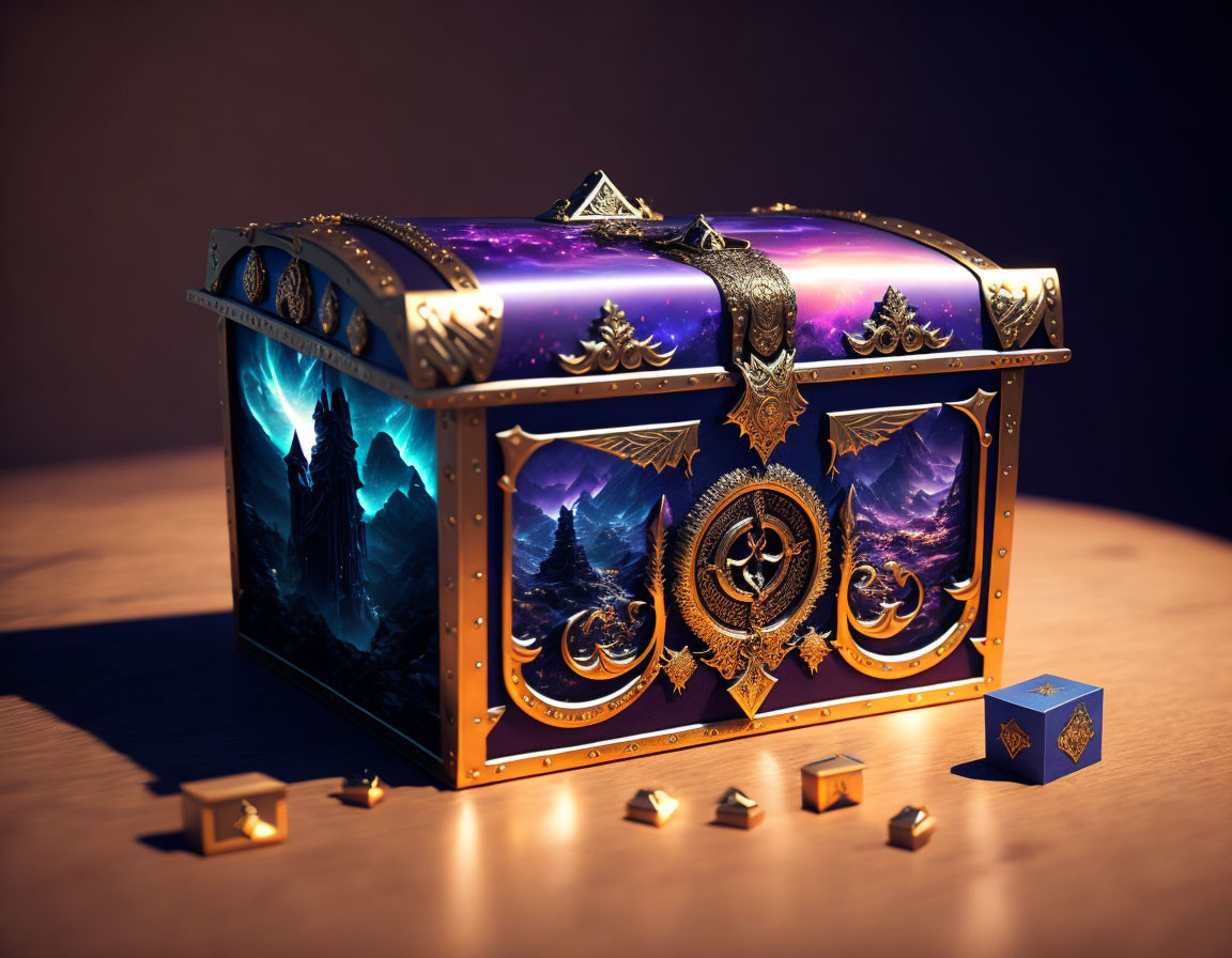 Fantasy chest with celestial and mountainous imagery and golden accents on wooden surface