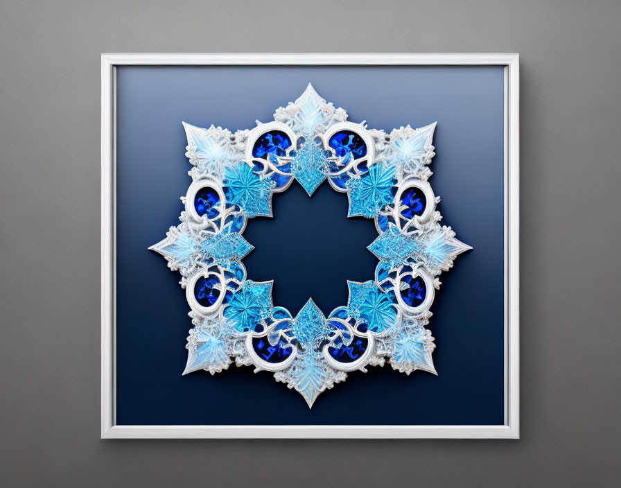 Circular Blue and White Snowflake Pattern on Grey Background