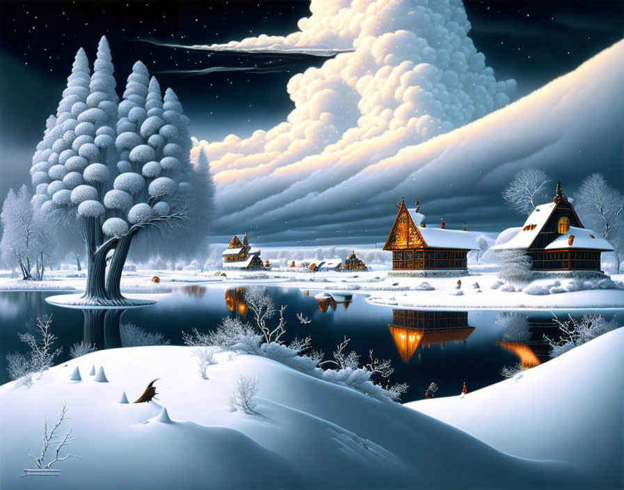 Snow-covered winter night scene with frozen lake, houses, bare trees, wildlife, and northern lights.