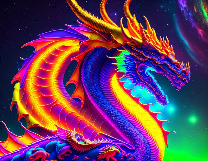 Colorful Neon Dragon on Cosmic Starry Background