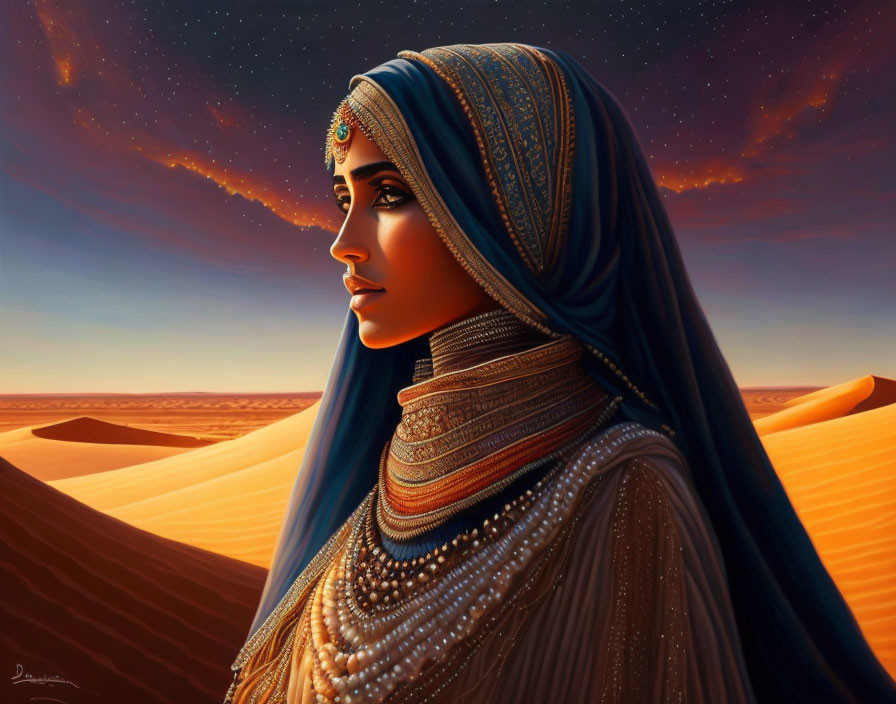 Illustrated woman in blue and gold attire with intricate jewelry against starry desert skies