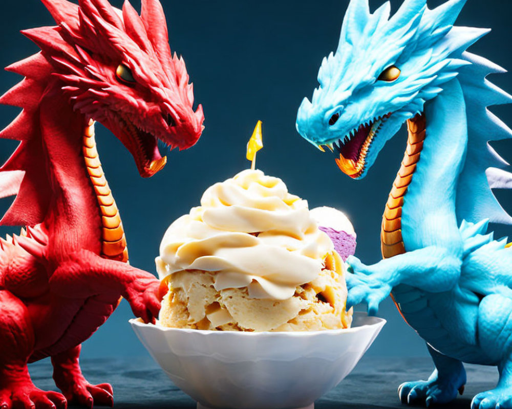 Toy dragons with cupcake and candle on blue background