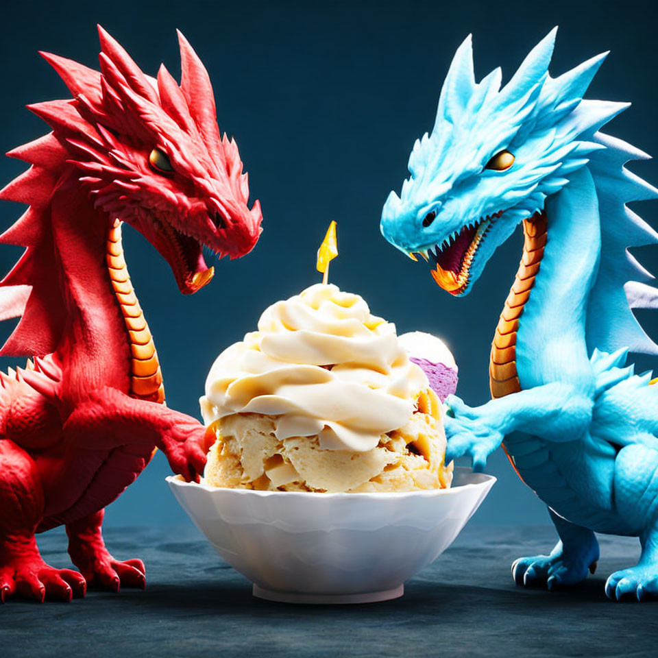 Toy dragons with cupcake and candle on blue background