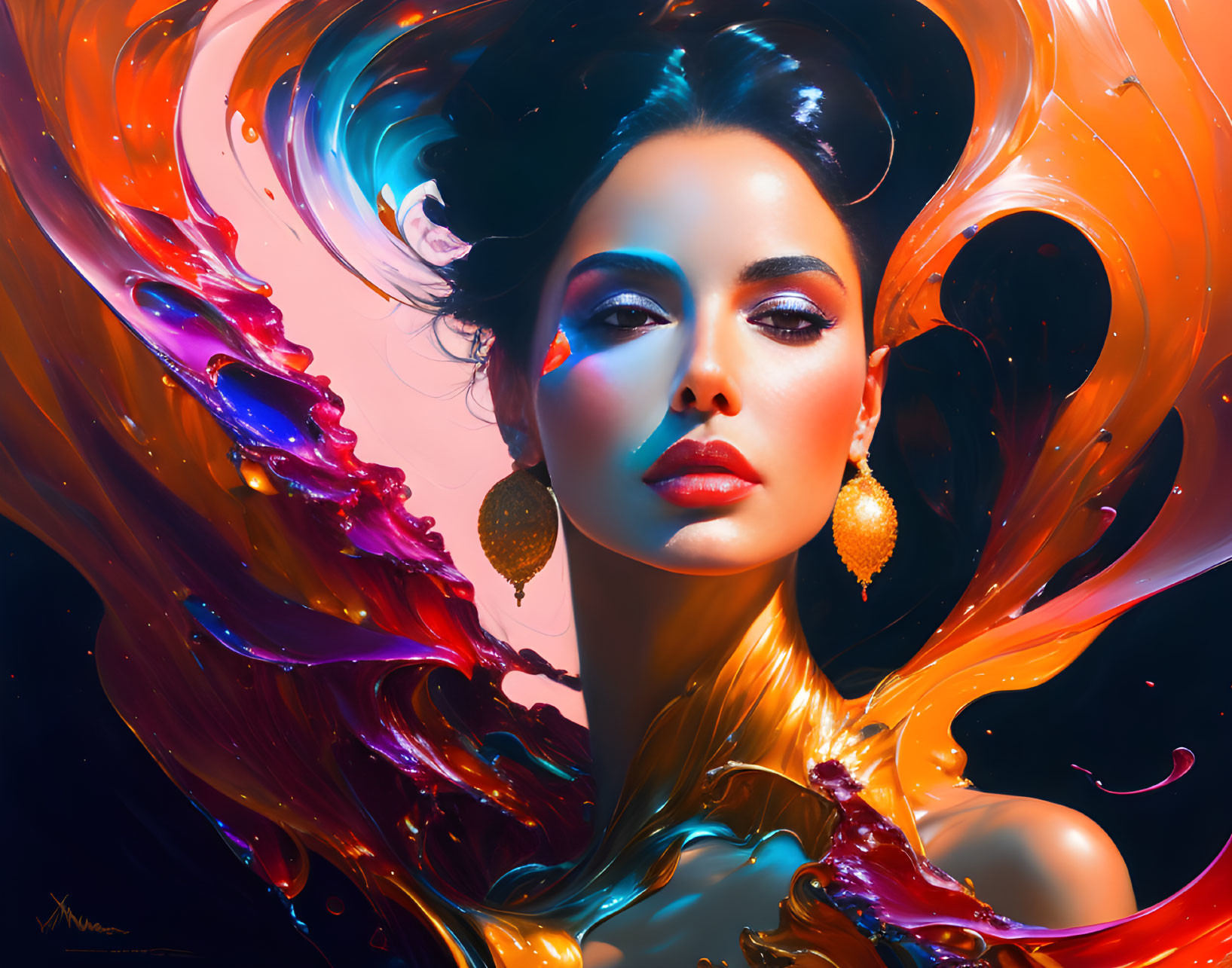 Colorful digital artwork: Woman amidst swirling abstract shapes