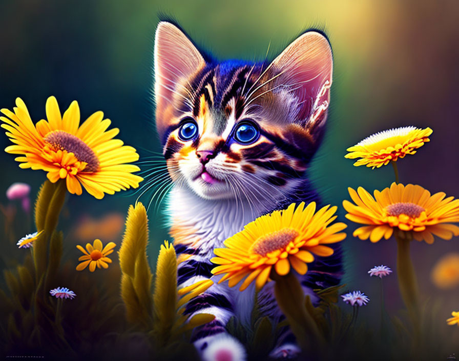 Colorful illustration: Cute kitten with blue eyes and yellow daisies on green backdrop