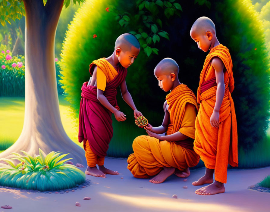 Three young monks in orange robes with a small plant in a colorful garden.