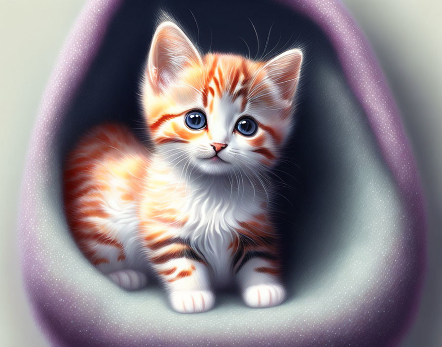 Orange and White Striped Kitten with Blue Eyes in Purple Cloth