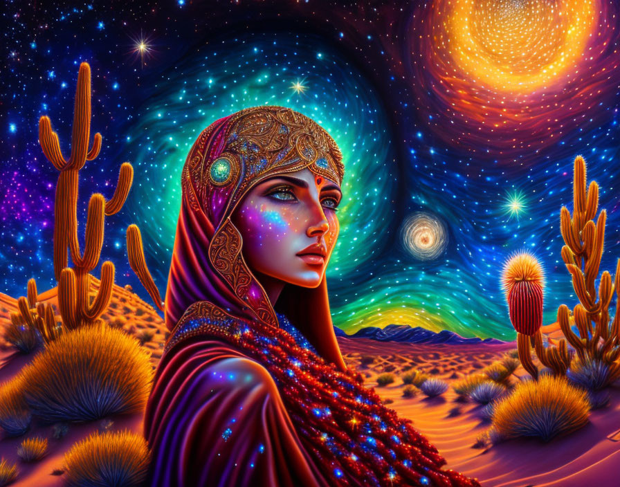 Colorful woman with headscarf under cosmic sky in desert landscape