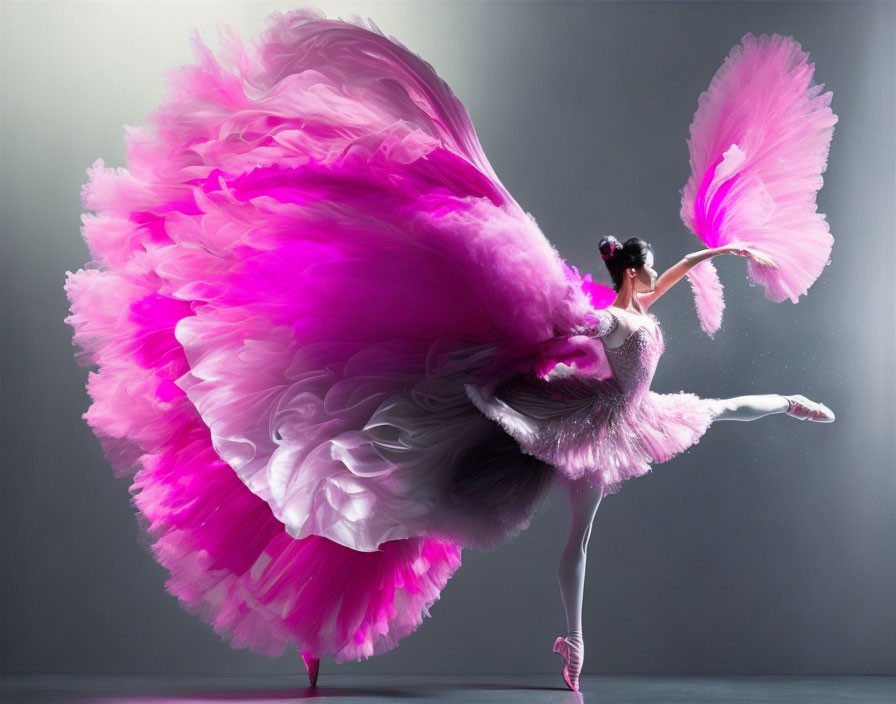 Vibrant pink tutu ballet dancer with feather-like extensions on grey background