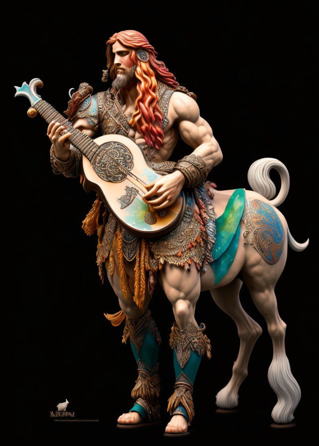 Detailed Illustration: Centaur Playing Lute with Human Upper Body and Horse-Like Lower Body