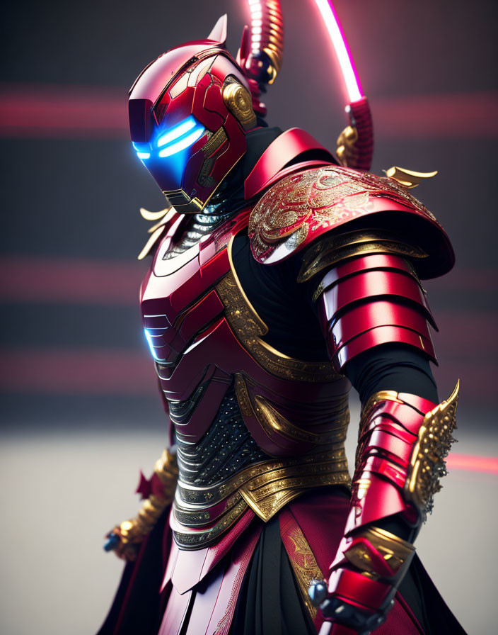 Samurai-inspired Iron Man armor in red and gold on striped background