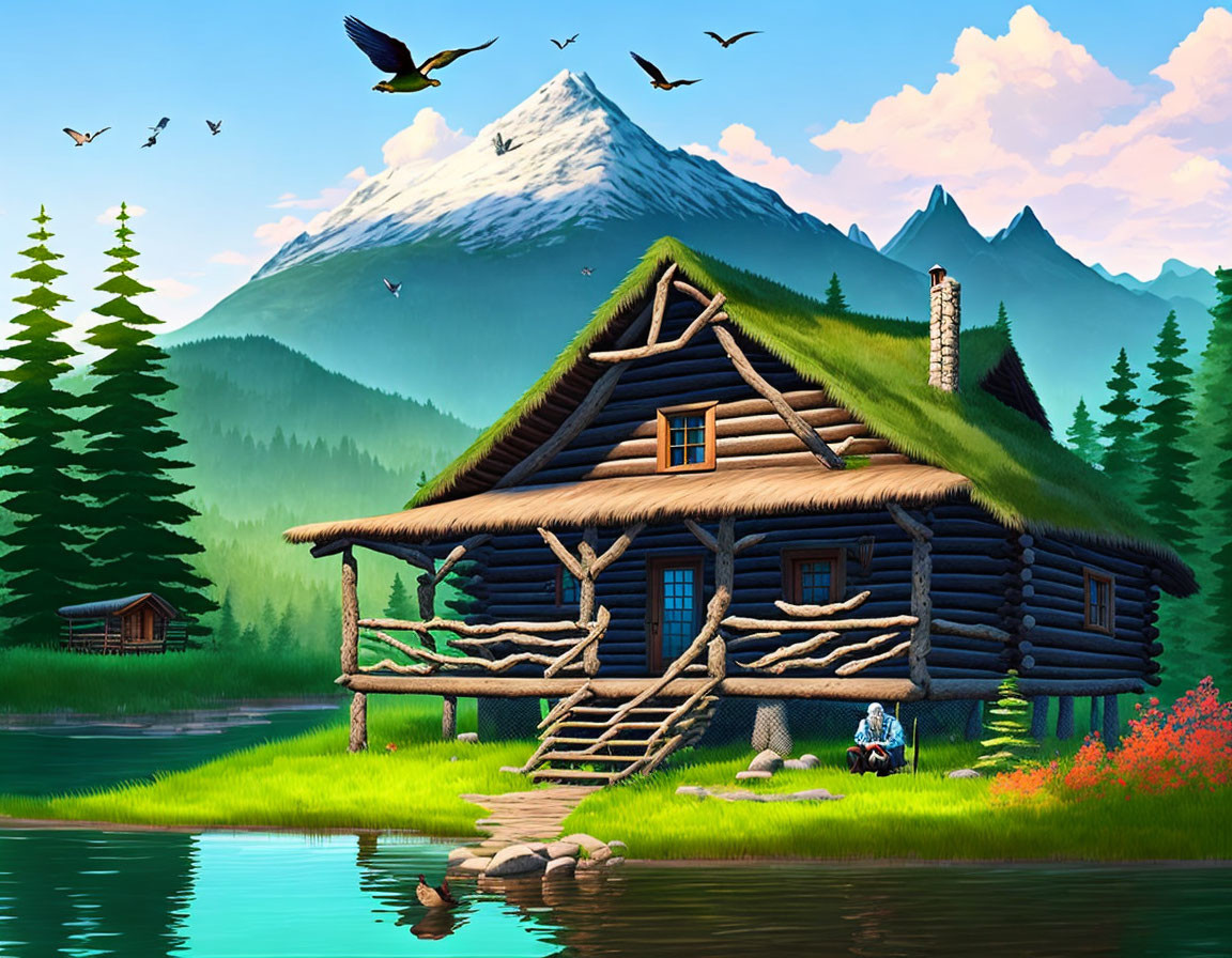 Rustic wooden cabin by tranquil lake, green roof, pine trees, mountains, flying birds