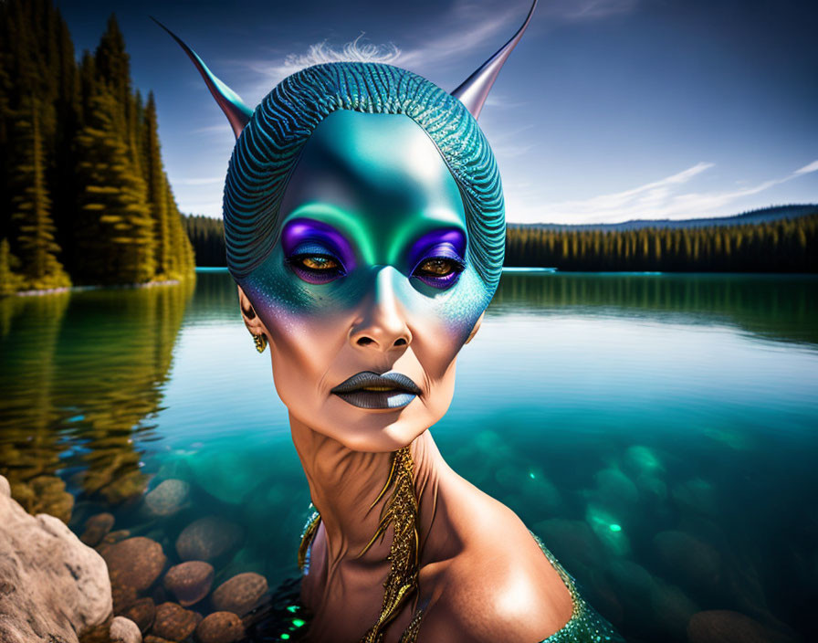 Blue-skinned fantasy creature with horn-like ears and purple eye makeup near forest lake