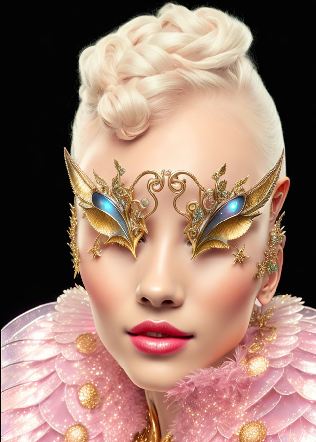 Illustration of person with blonde hair, fantasy eye makeup, and pink decorative elements