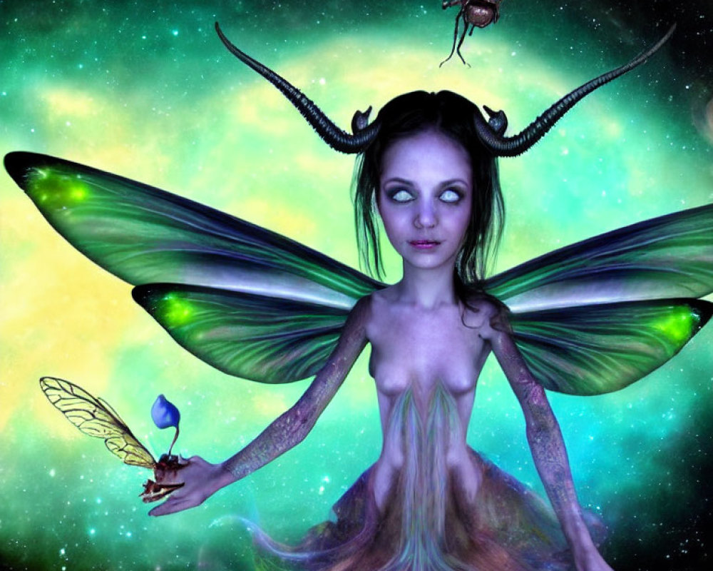 Fantastical creature with dragonfly wings holding a flower in space scene