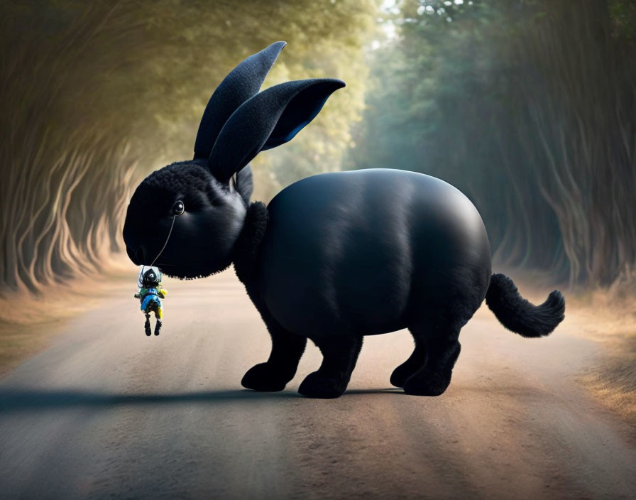 Stylized black rabbit and astronaut figure on road in forest scene