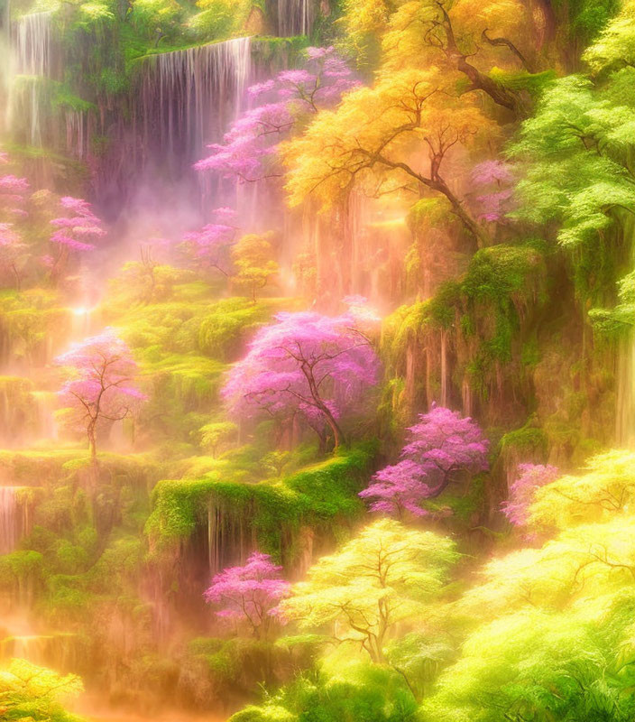 Mystical forest with waterfalls, misty ambiance, golden and pink foliage