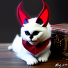 Whimsical white cat with red ears and tail in dark setting