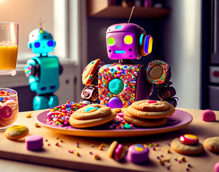 Colorful toy robots enjoying cookies and candy at a table