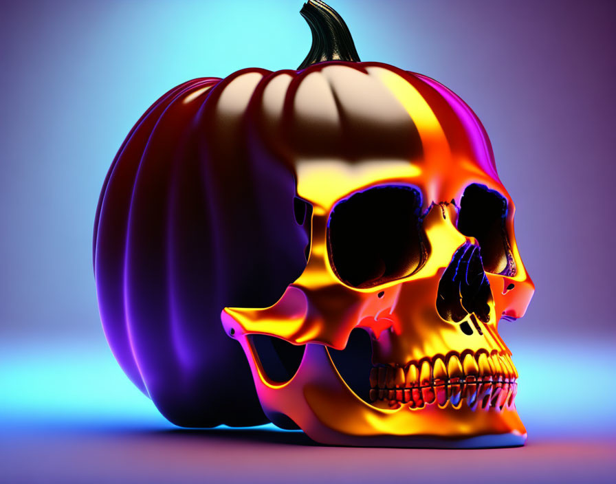 Pumpkin and metallic skull split composition on blue and purple gradient background