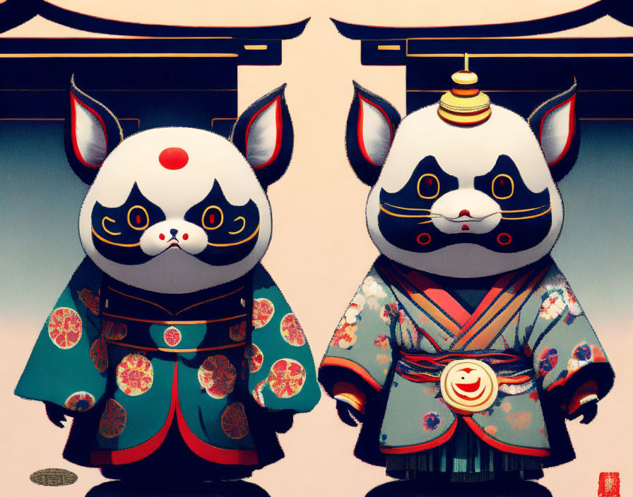 Stylized anthropomorphic dogs in Japanese attire with serene aura